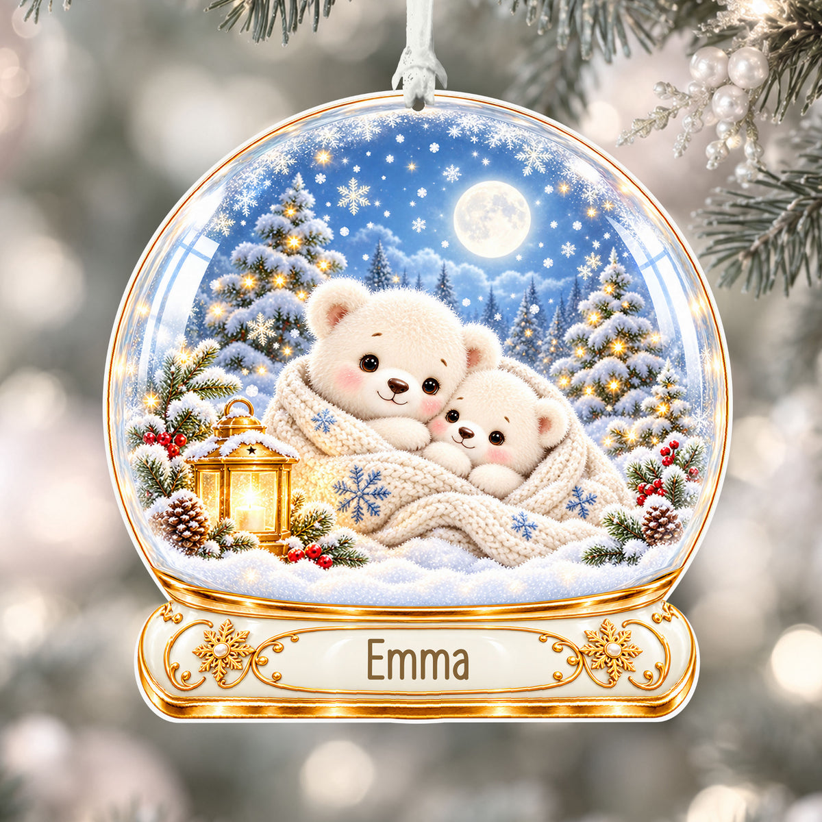 Personalised sleepy polar bears acrylic snow globe Christmas bauble with custom name, hanging on a Christmas tree with white ribbon