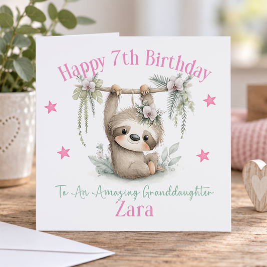 Personalised Sloth Birthday Card – Floral Keepsake, 6x6 Inch