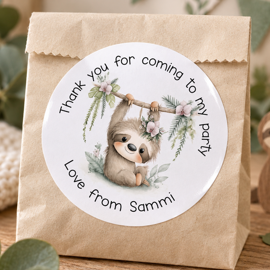 Personalised Sloth Stickers – Cute Jungle Safari Party Favour Labels