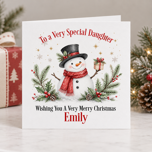 Personalised Snowman Christmas Card for Daughter – Top Hat & Red Scarf, 6x6