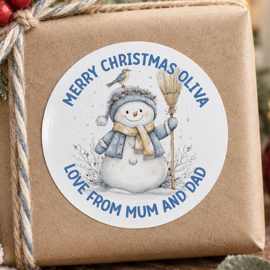 Personalised Snowman Christmas Stickers – Wintry Round Glossy Gift Labels, Custom Name