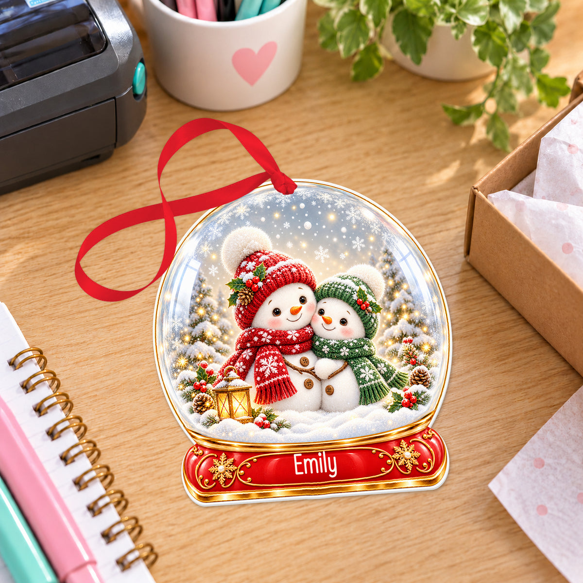 Personalised snowman couple snow globe bauble with name, white acrylic Christmas decoration with ribbon, shown on a desk