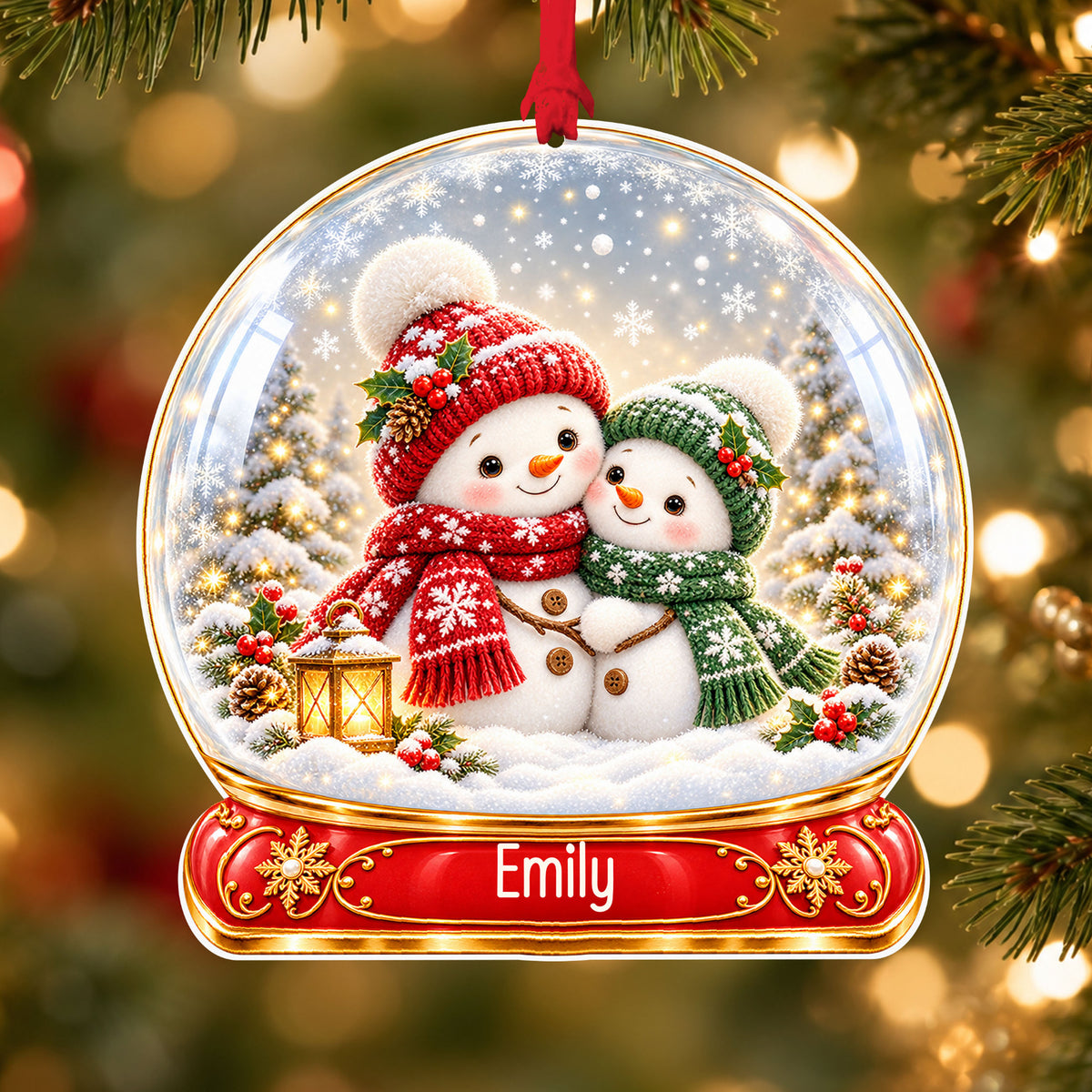 Personalised snowman couple acrylic snow globe Christmas bauble with custom name, hanging on a Christmas tree with red ribbon