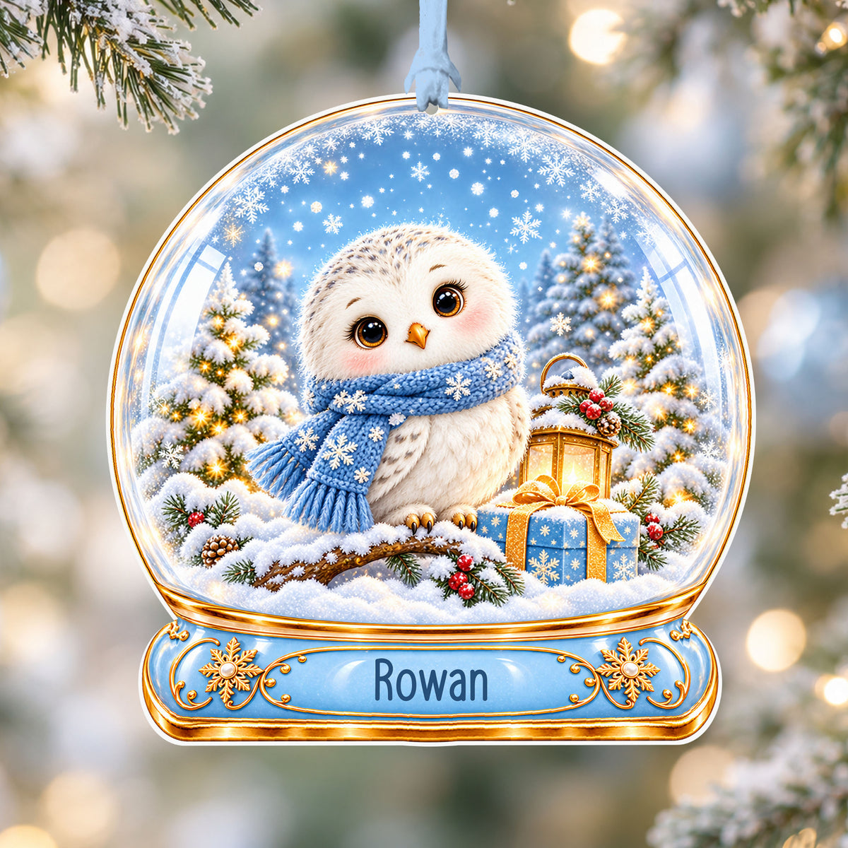 Personalised snowy owl acrylic snow globe Christmas bauble with custom name, hanging on a Christmas tree with baby blue ribbon