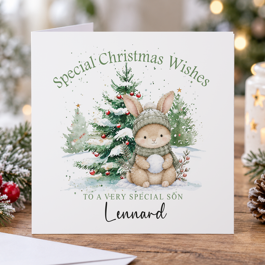 Personalised Son Christmas Card – Grey Bunny in a Jumper & Snowy Trees, 6x6