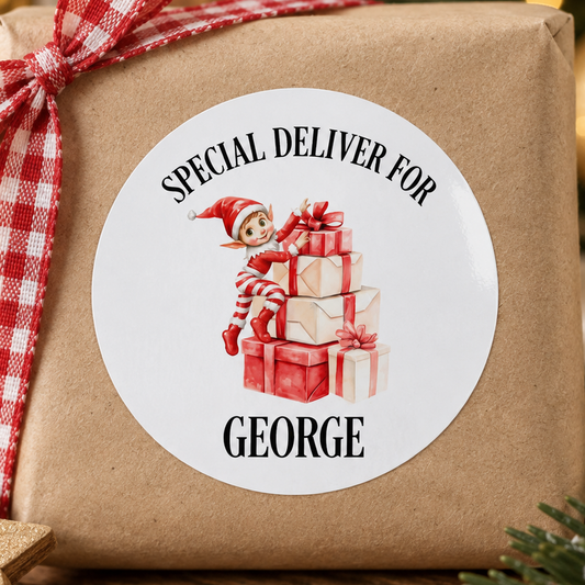 Personalised Special Delivery Elf Stickers – Round Christmas Gift Tags, Any Name