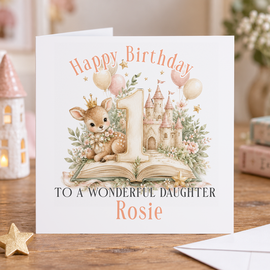Personalised Storybook Baby Deer 1st Birthday Card, Any Name & Relation, 6x6 Inch