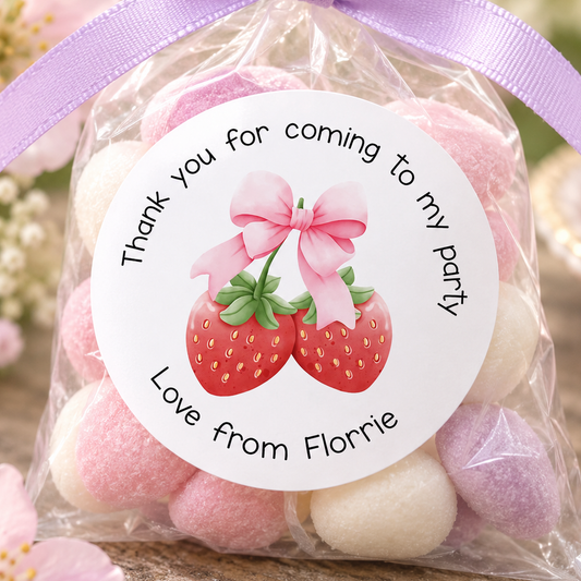 Personalised Strawberry Stickers – Pink Bow Thank You Labels