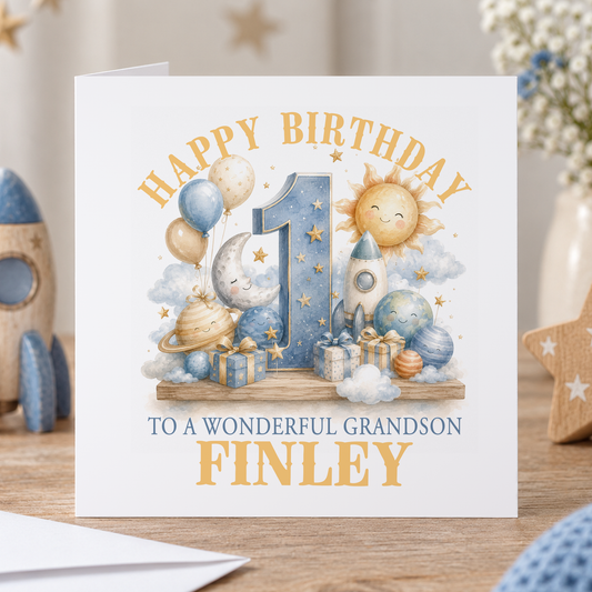 Personalised Sun & Planets 1st Birthday Card, For Son, Grandson Any Relation