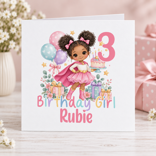 Personalised Superhero Girl Birthday Card, Any Age & Name, 6x6 Inch