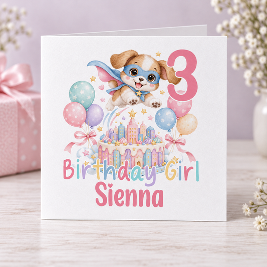 Personalised Superhero Puppy Birthday Card, Any Age & Name, 6x6 Inch