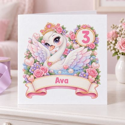 Personalised Swan Birthday Card, Any Age & Name, 6x6 Inch