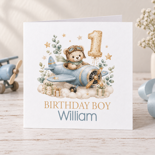 Personalised Teddy Aeroplane 1st Birthday Card, Birthday Boy Name, 6x6 Inch