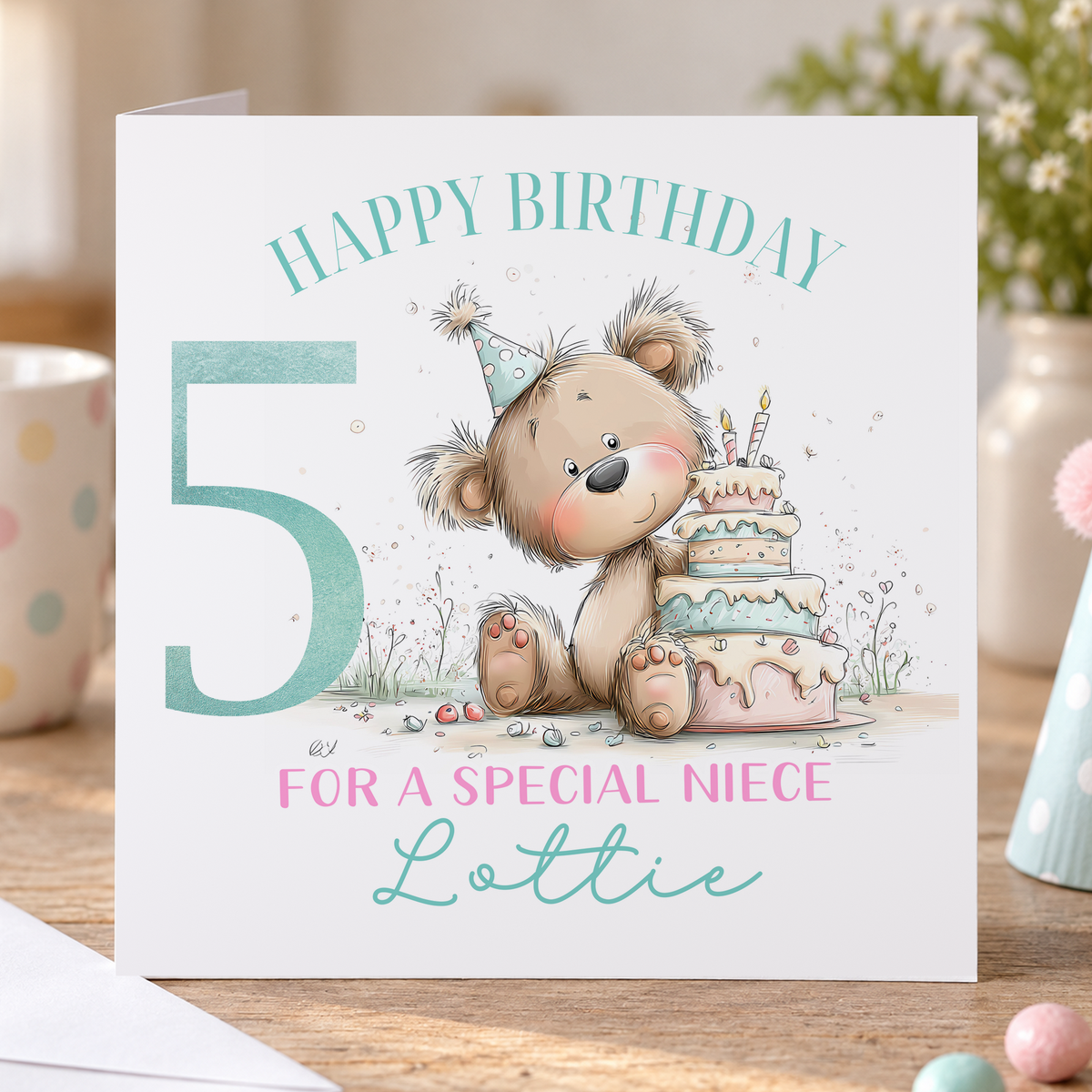 Personalised Teddy and Cake Birthday Card, Any Age, Name & Relation, 6x6 Inch