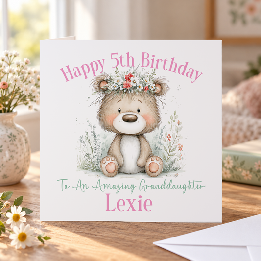 Personalised Teddy Bear Birthday Card – Floral Design