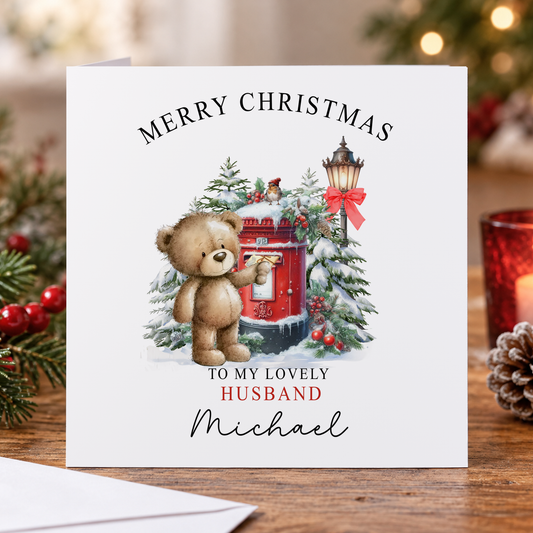 Personalised Teddy Bear Christmas Card for Husband – Red Post Box, 6x6