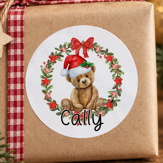 Personalised Teddy Bear Christmas Stickers – Wreath Glossy Round Gift Labels, Custom Name