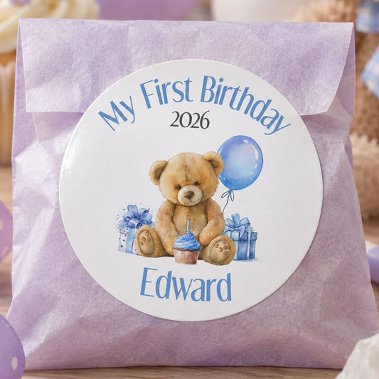 Personalised Teddy Bear First Birthday Stickers – 5cm Glossy Party Bag & Favour Labels