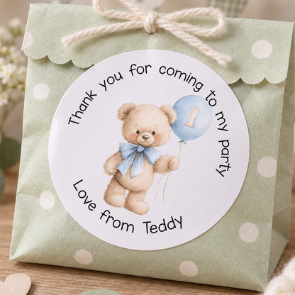 Personalised Teddy Bear Stickers – Blue 1st Birthday Party Bag Labels
