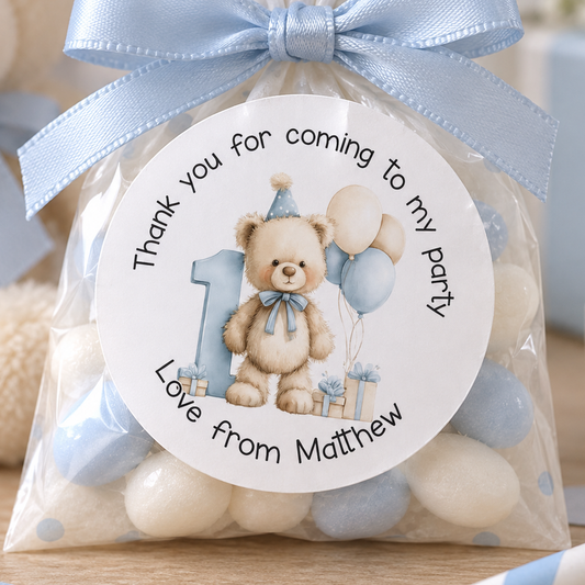 Personalised Teddy Bear Stickers – Blue Party Bag Favour Labels