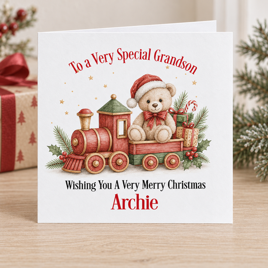 Personalised Teddy Bear Train Christmas Card for Grandson – Red Toy Train, 6x6