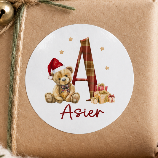 Personalised Teddy Christmas Stickers, Tartan Initial Design – Custom Name Gift Labels