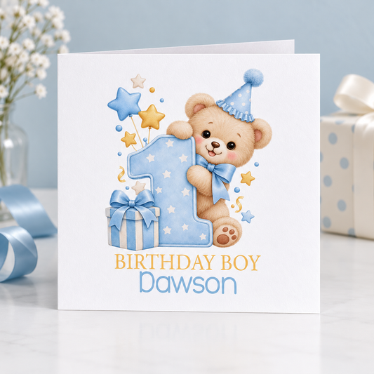 Personalised Teddy & Number One 1st Birthday Card, Birthday Boy, 6x6 Inch