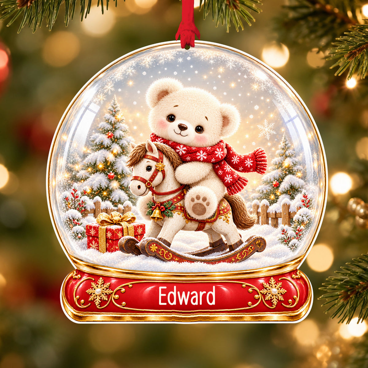 Personalised teddy on rocking horse acrylic snow globe Christmas bauble with custom name, hanging on a Christmas tree with red ribbon