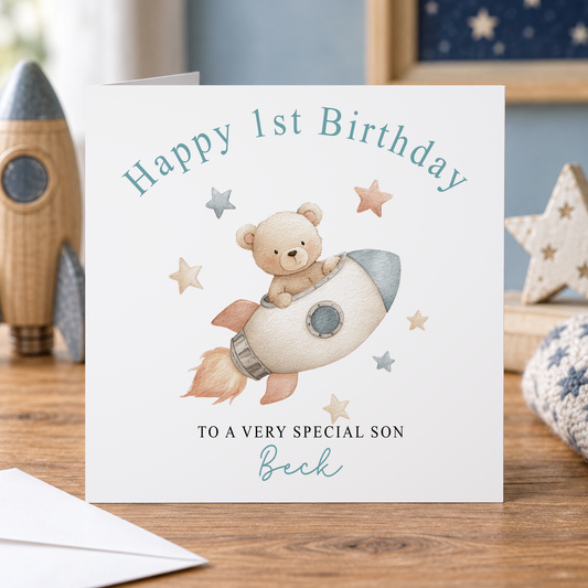 Personalised Teddy Rocket Birthday Card – Space-Themed Keepsake