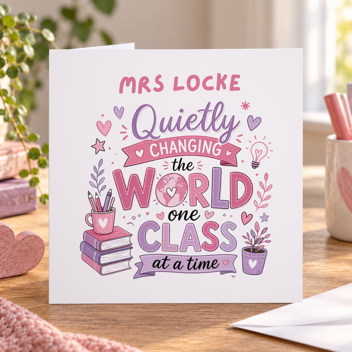 Personalised Thank You Teacher Card, Quietly Changing the World, Any Name, 6x6 Inch