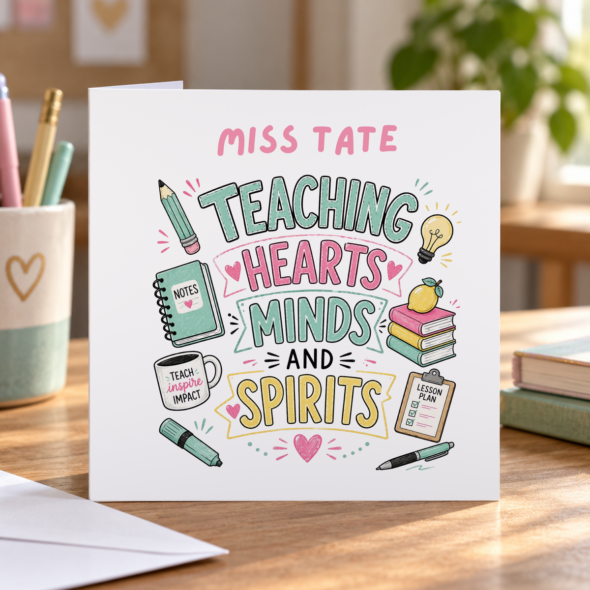Personalised Thank You Teacher Card, Teaching Hearts Minds and Spirits, Any Name, 6x6 Inch