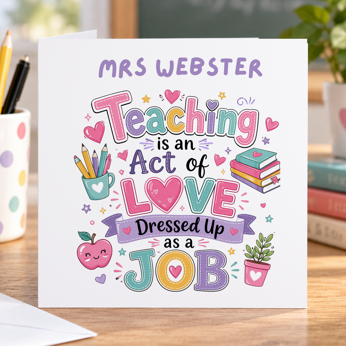Personalised Thank You Teacher Card, Teaching Is an Act of Love, Any Name, 6x6 Inch