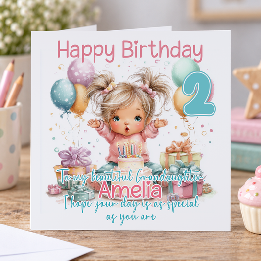 Personalised Toddler Girl Birthday Card, Any Age, Name & Relation, 6x6 Inch