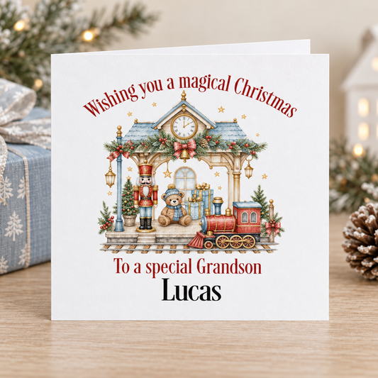 Personalised Toy Train Station Christmas Card for Grandson – Steam Train, 6x6
