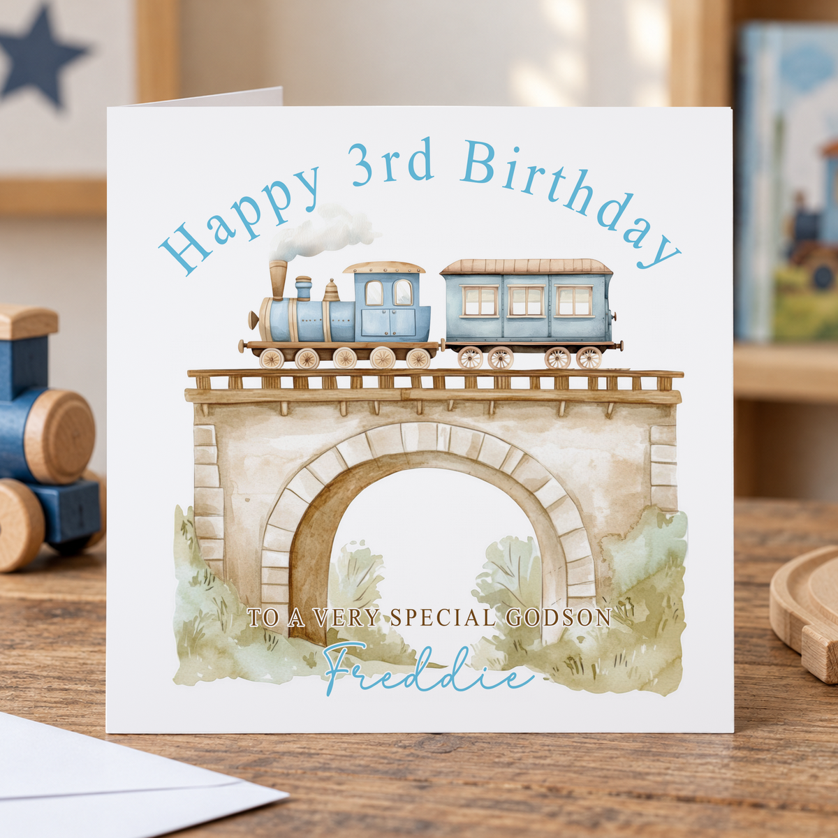 Personalised Train Birthday Card, Steam Train on a Bridge, Any Age, Name & Relation, 6x6 Inch