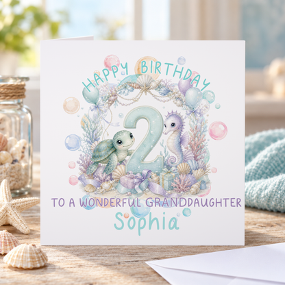 Personalised Turtle and Seahorse Birthday Card, Any Age, Name & Relation, 6x6 Inch