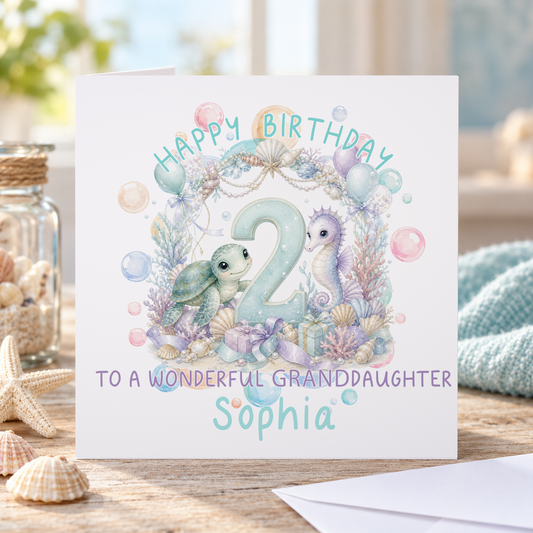 Personalised Turtle and Seahorse Birthday Card, Any Age, Name & Relation, 6x6 Inch