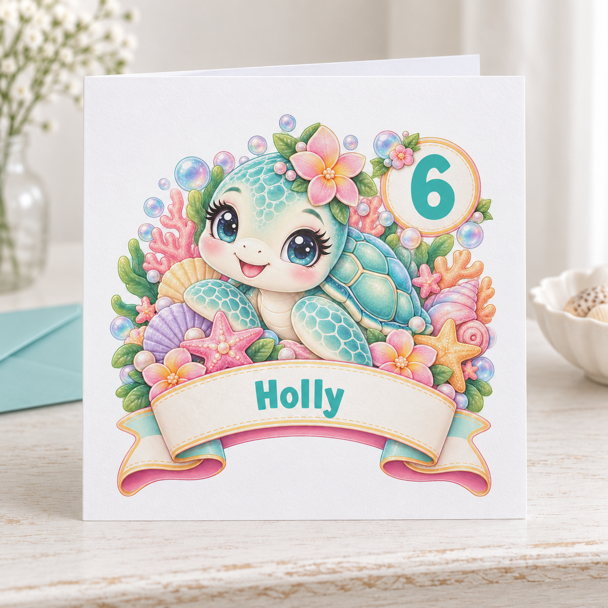 Personalised Turtle Birthday Card, Any Age & Name, 6x6 Inch