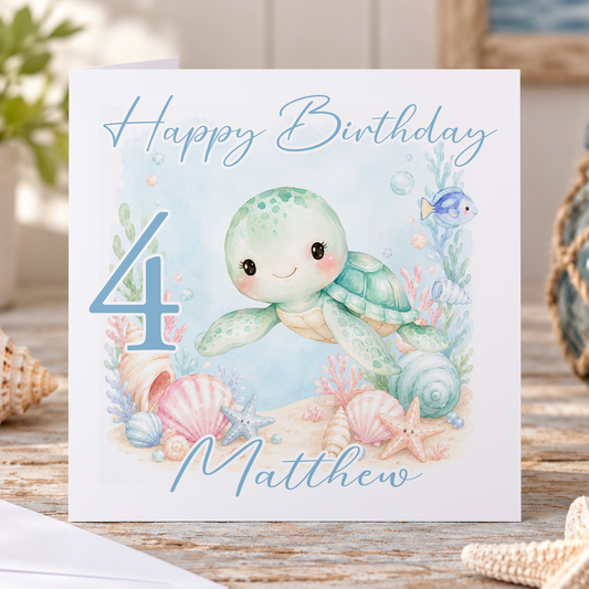 Personalised Turtle Birthday Card – Ocean Sea Life Design, Name & Age