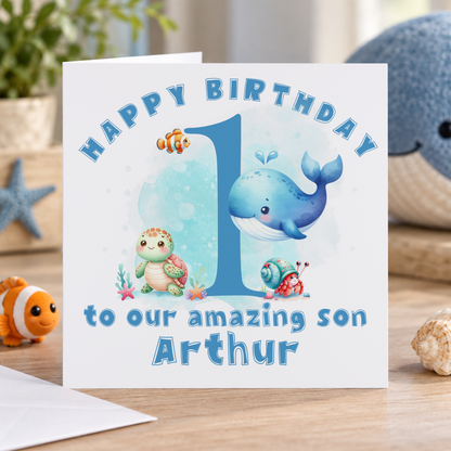 Personalised Under the Sea 1st Birthday Card – Whale & Turtle Design, 6x6" Square