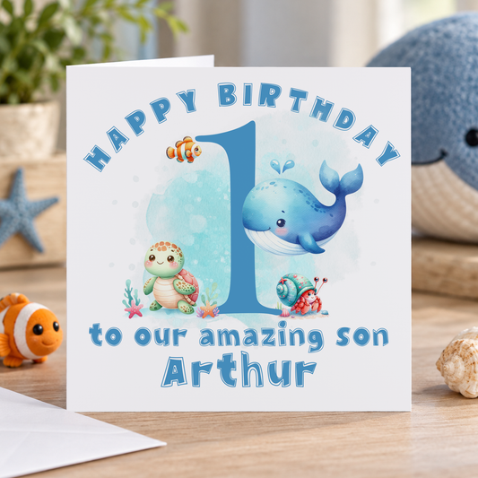 Personalised Under the Sea 1st Birthday Card – Whale & Turtle Design, 6x6" Square