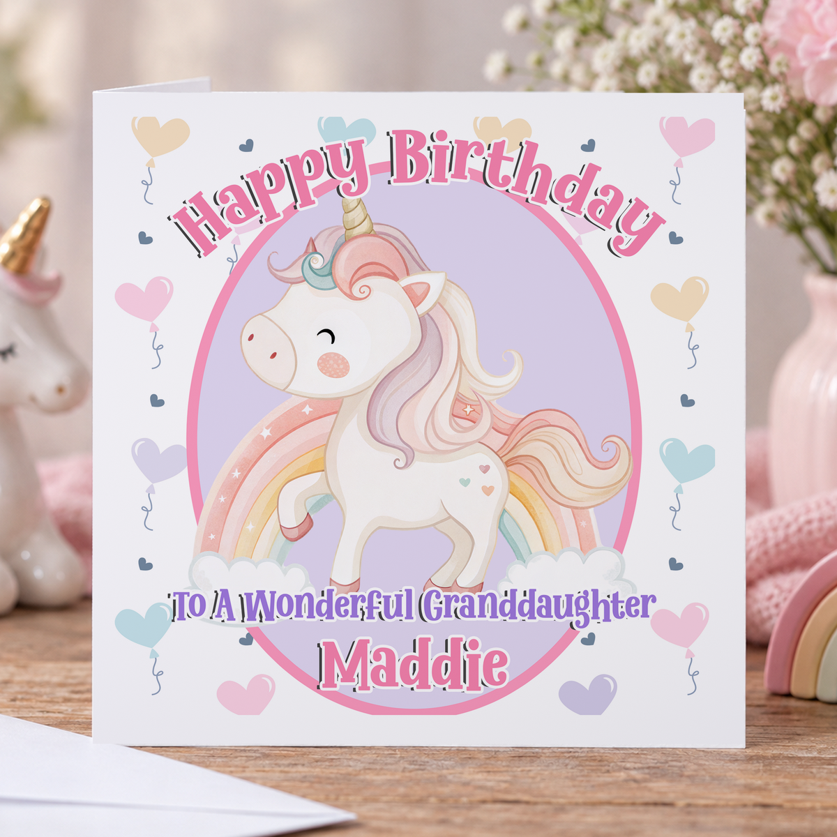 Personalised Unicorn Balloons Birthday Card, Any Name & Relation, 6x6 Inch
