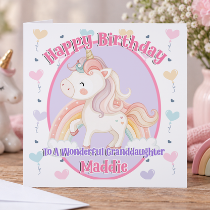 Personalised Unicorn Balloons Birthday Card, Any Name & Relation, 6x6 Inch
