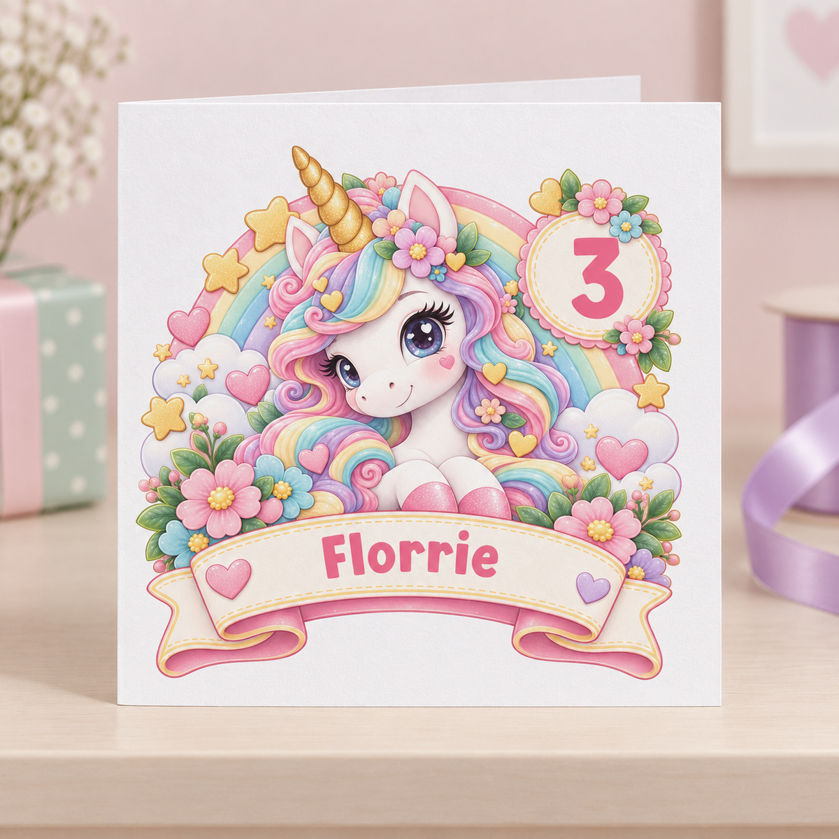 Personalised Unicorn Birthday Card, Any Age & Name, 6x6 Inch