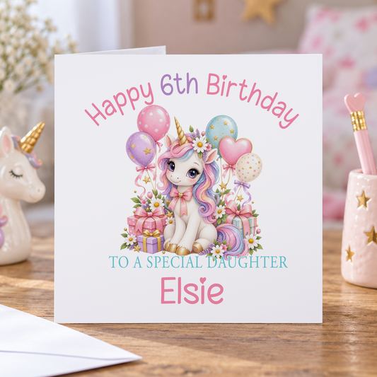 Personalised Unicorn Birthday Card, Happy ‘Age’ Birthday, Name & Relation