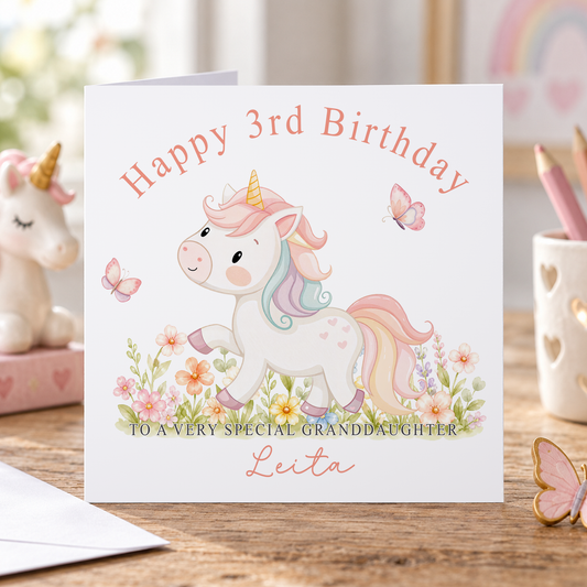 Personalised Unicorn Birthday Card — Pastel Butterflies for a Little Girl's Big Day