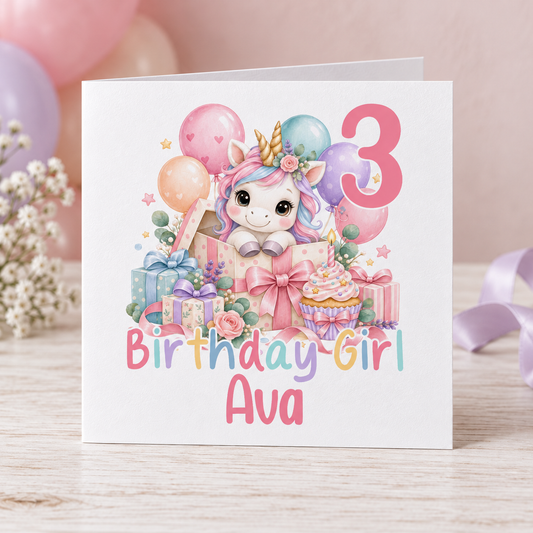 Personalised Unicorn Birthday Card, Rainbow Birthday Girl, Any Age, 6x6
