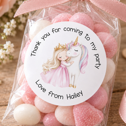 Personalised Unicorn Stickers – Princess Party Labels, 5cm