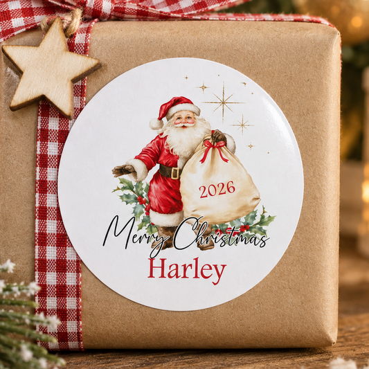Personalised Vintage Santa Christmas Stickers – Storybook Round Gift Labels, Custom Name