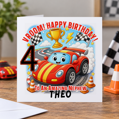 Personalised Vroom Racing Car Birthday Card, Any Age, Name & Relation, 6x6 Inch